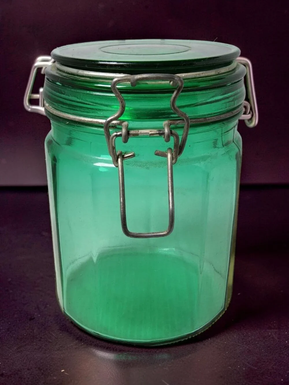 Vintage Juniper Green Paneled Glass Canister Locking Lid Jar